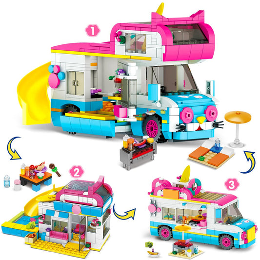 CUBIMANA 3-in-1 camper building blocks toy, RV caravan construction toy with slide and stickers, gifts for kids girls and boys from 6 to 12+ years old (494PCS)
