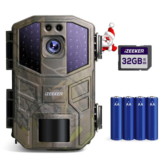 iZEEKER wildlife camera, 4K 48MP 30fps camera with motion sensor night vision wide angle lens 0.1s trigger speed 2s PIR interval IP66 waterproof with 32GB SD card and 4 AA batteries.