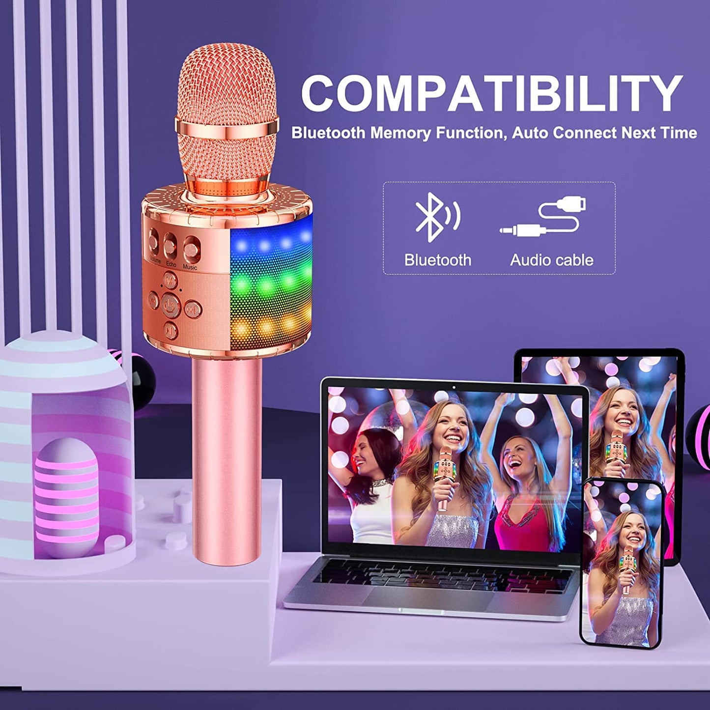 BONAOK Kids Karaoke Microphone, Singing Microphone For Kids, Home KTV Bluetooth Karaoke Machine, Portable Kids Karaoke Microphone Machine, Party Speaker for Smartphone PC (Q78 Rose Gold Plus)