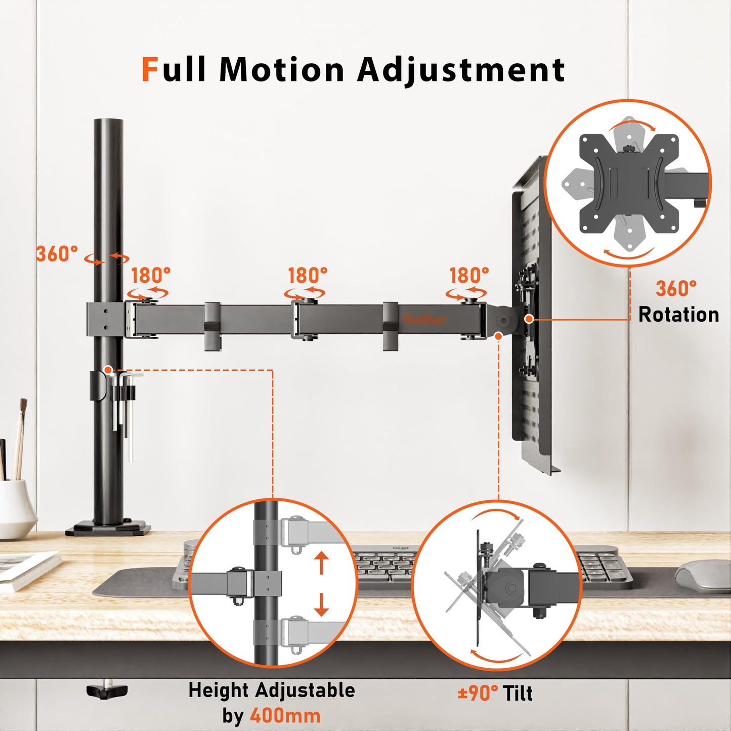 Redbat monitor arm with ventilated laptop tray, fully adjustable for 13 to 32 inch LCD LED screen & up to 16 inch notebook, 2 mounting options, tilt, swivel & rotate