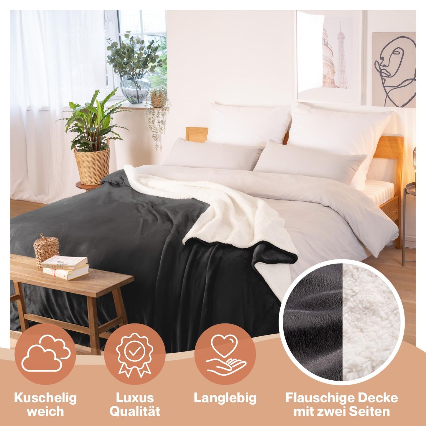 Blumtal Premium Sherpa Cuddly Blanket fluffy 220x240 cm - Oeko-Tex certified. Sofa Blanket with thick Sherpa lining - super fluffy and extra thick, warming - Fluffy Blanket - Anthracite