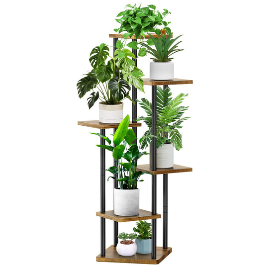 YOCOMEY 6-Tier Wooden Flower Rack Plant Stand, Multilayer Flower Shelf Plant Shelf Flower Bench Flower Staircase Plant Staircase Display Shelf for Indoor Garden Balcony Decor (Black)