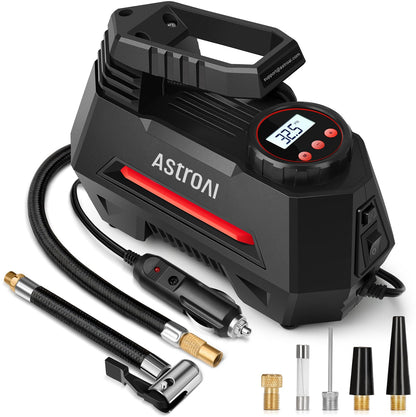 AstroAI Auto Air Pump Electric Air Compressor Portable Digital Tire Inflator, LCD Screen 12V DC Pack for Car, Bicycle, Motorcycle, Ball, etc (Red)