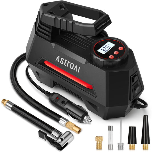 AstroAI Auto Air Pump Electric Air Compressor Portable Digital Tire Inflator, LCD Screen 12V DC Pack for Car, Bicycle, Motorcycle, Ball, etc (Red)