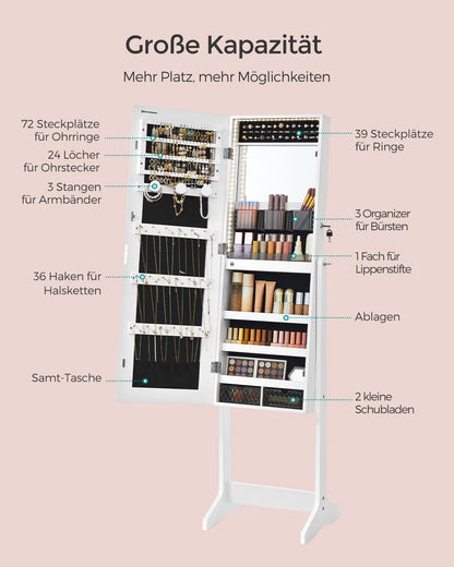 SONGMICS Jewelry Cabinet, Mirrored Cabinet with Frameless Full-Length Mirror, LED Lighting, Inner Mirror, 2 Drawers, Lockable, Cloud White JJC023W01