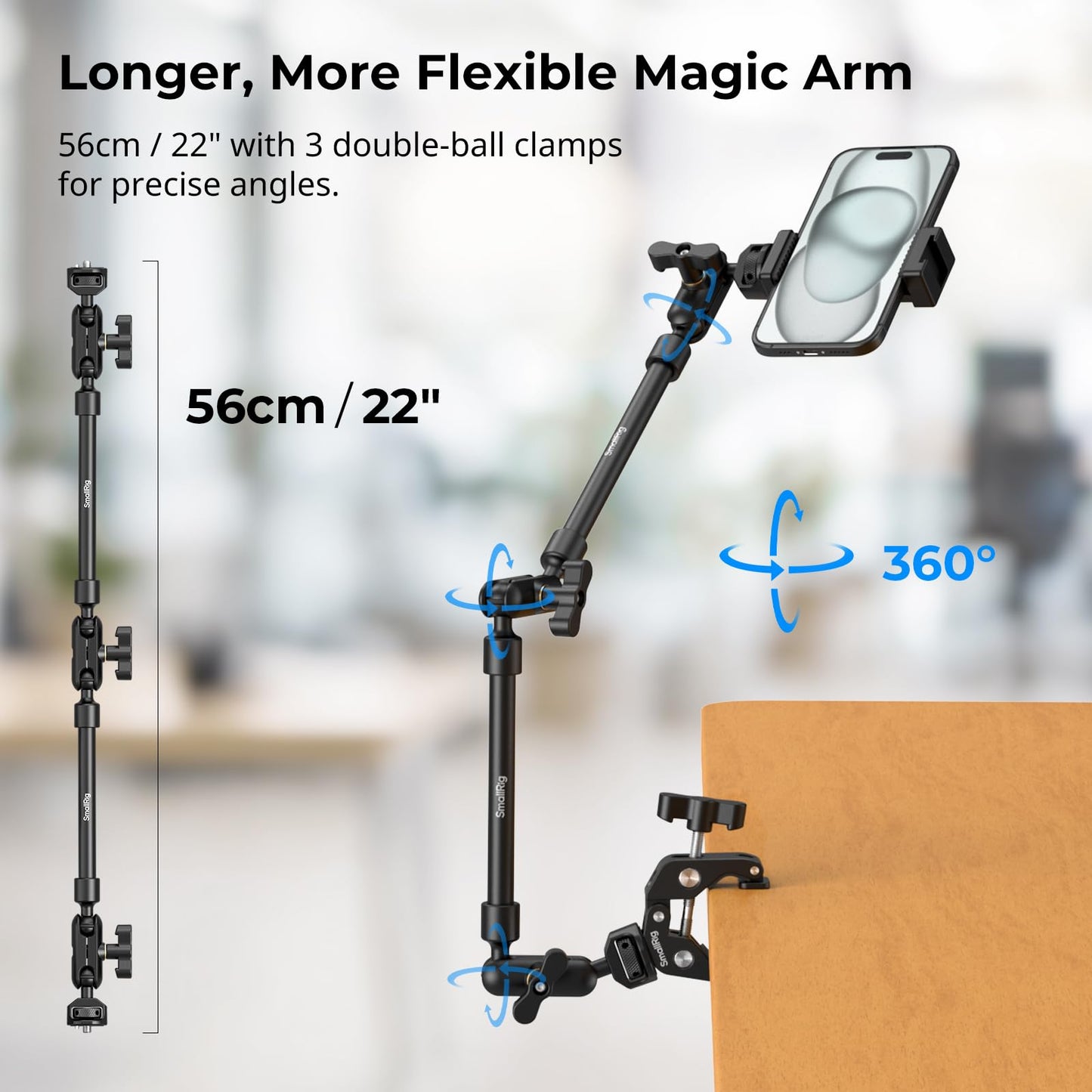 SMALLRIG 22" Magic Arm with Clamp, Flexible Camera Desk Mount & Clamp, Overhead Phone Holder, Articulating Arm with Friction Extension with 1/4" Thread, for light, webcam, microphone, action camera - 4766