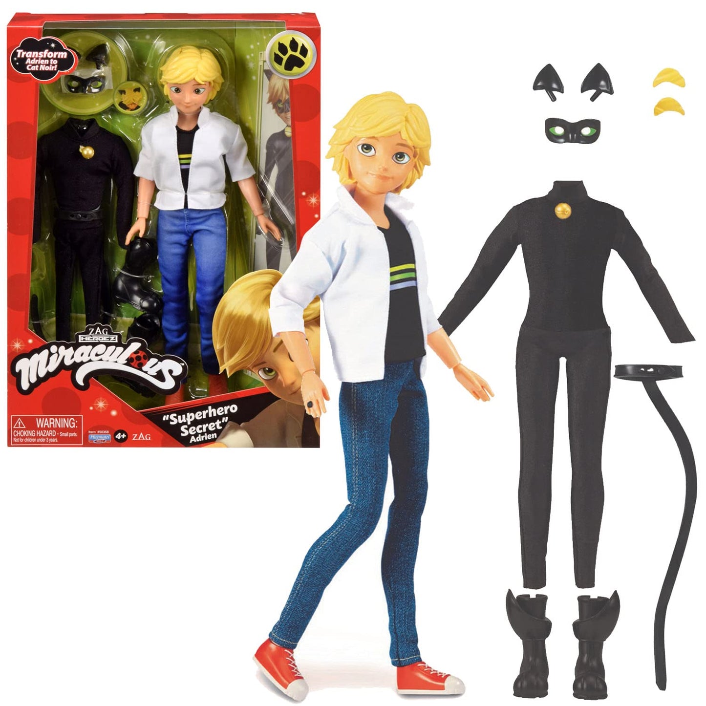 BANDAI - Miraculous - Miraculous Doll Cat Noir and Adrien - Fashion Doll 26 cm with 2 outfits - Miraculous Toy - Articulated Superhero Doll - Toy for Kids ages 4 and up - P50356