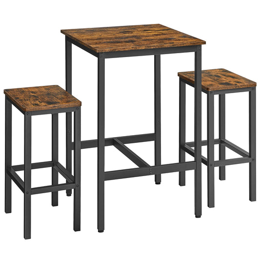 VASAGLE bar table with bar stool set, dining table with 2 chairs, small kitchen table, bar chairs, for dining room, kitchen, vintage brown-ink black LBT017B01