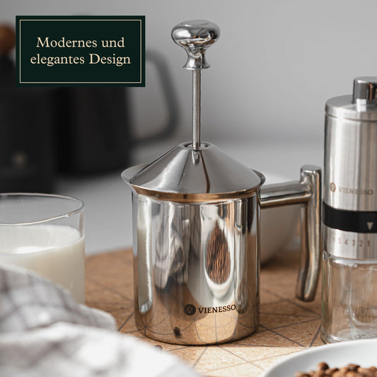 VIENESSO Hand Milk Frother manually made of stainless steel with double mesh sieve I milk frother for creamy milk foam for coffee specialties, Milk Frother including Barista E-Book (400 ml)