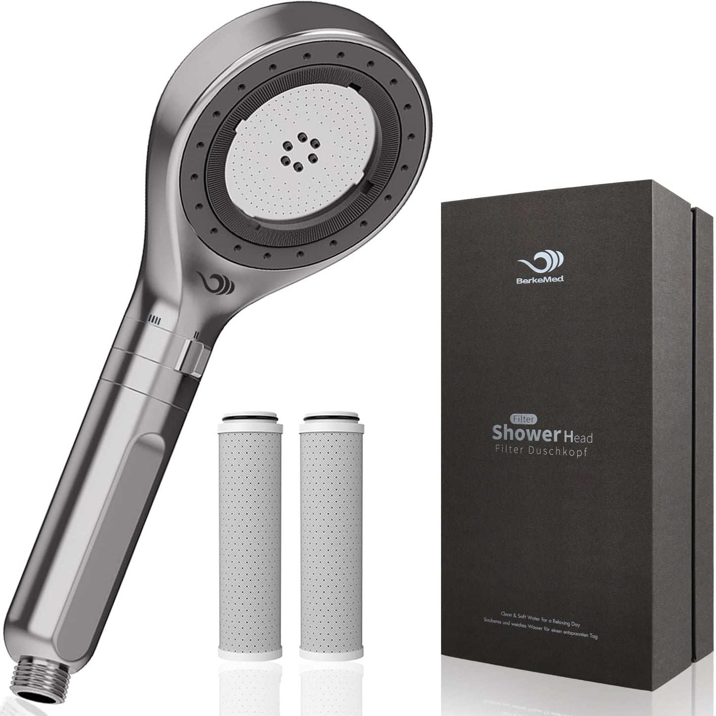 BerkeMed shower filter with pressure boost and three water spray modes, ACF activated carbon filter.