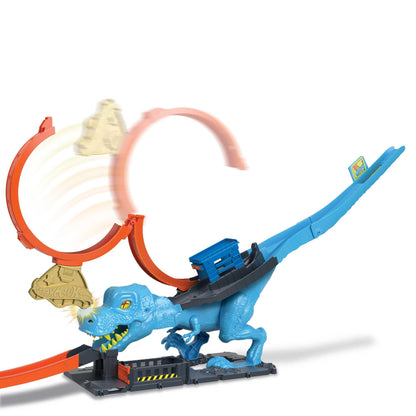 Hot Wheels City T-Rex Attack - Skill through precise timing, police station, loop, dinosaur, cross-eyed, for kids ages 4 and up, HNP77