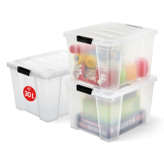 Iris Ohyama storage boxes with lids, 30L, 3-pack, Transparent, Secure closure, Stackable, Handles, Bedroom, Closet, Office, Organization, BPA-free plastic, Storage containers, HB-30