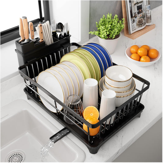 PurKeep Dish Drying Rack - space-saving dish rack for kitchen counter with utensil holder, kitchen dish stand with rotating spout, black.