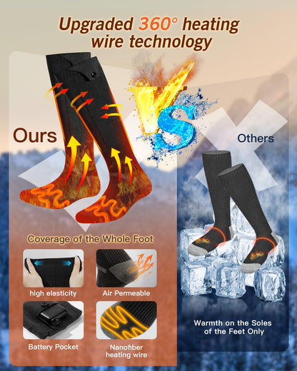 Heated socks, 5000mAh*2 Heated Socks with 3 Temperatures, 360° Large Heating Area Unisex Heated Socks with Battery, Washable Thermal Socks with USB for Skiing, Cycling, Camping, M.