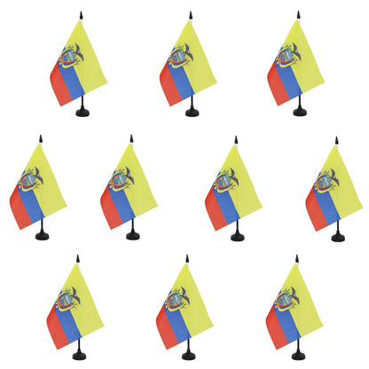 AZ FLAG - Pack of 10 Ecuador Table Flags, 21 x 14 cm – 10 small Ecuadorian Desk Flags, 100% Polyester, with 25 cm flagpole and black plastic base