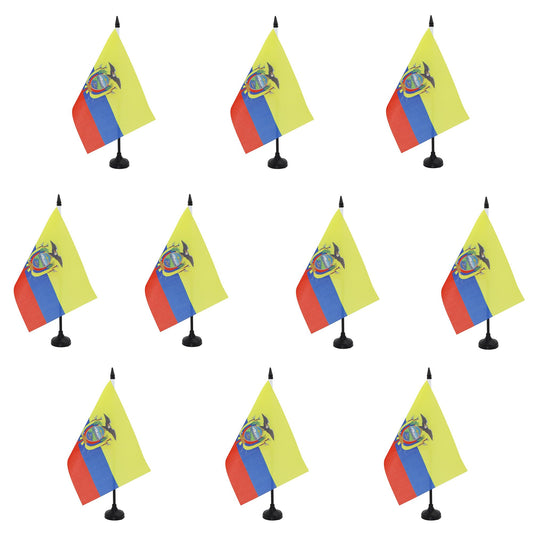AZ FLAG - Pack of 10 Ecuador Table Flags, 21 x 14 cm – 10 small Ecuadorian Desk Flags, 100% Polyester, with 25 cm flagpole and black plastic base