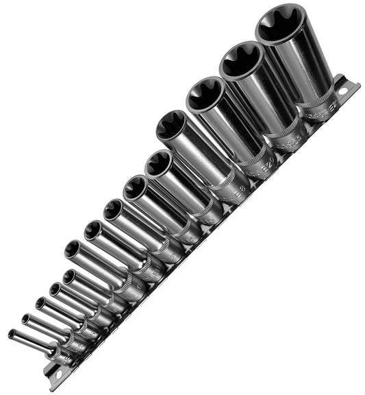 Alkan socket inserts (long/deep) E-profile sockets from E4 to E24 for external Torx screws 1/4", 3/8" and 1/2" drive on socket rail - CV steel socket, 14 pcs.