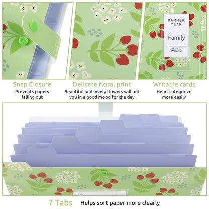 KONVINIT expanding file folder A4 size, document organizer with 7 compartments, portable floral patterned file folder with labels, for school/home/office, pack of 3.