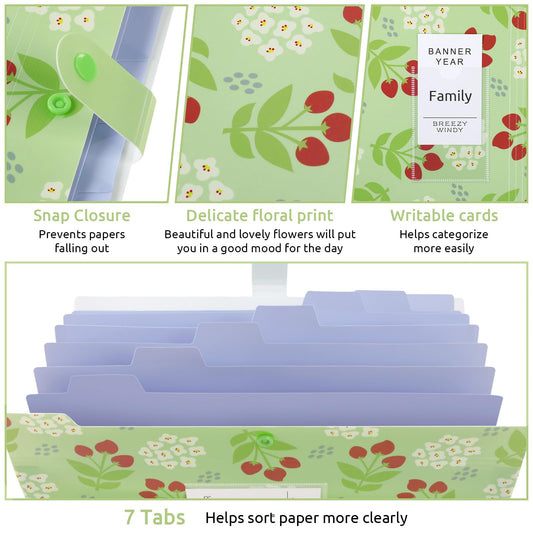 KONVINIT expanding file folder A4 size, document organizer with 7 compartments, portable floral patterned file folder with labels, for school/home/office, pack of 3.