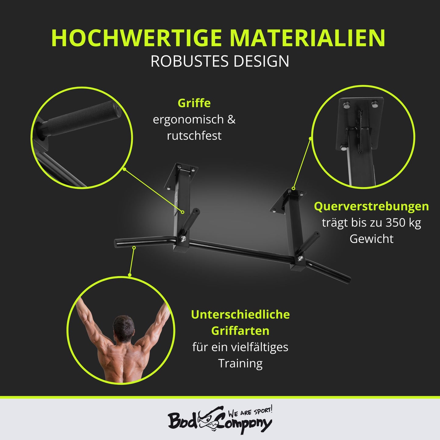 Bad Company pull-up bar for ceiling mounting, supports up to 350 kg - pull-up bar for ceiling with instructions and mounting material - for home or gym fitness - BCA-44