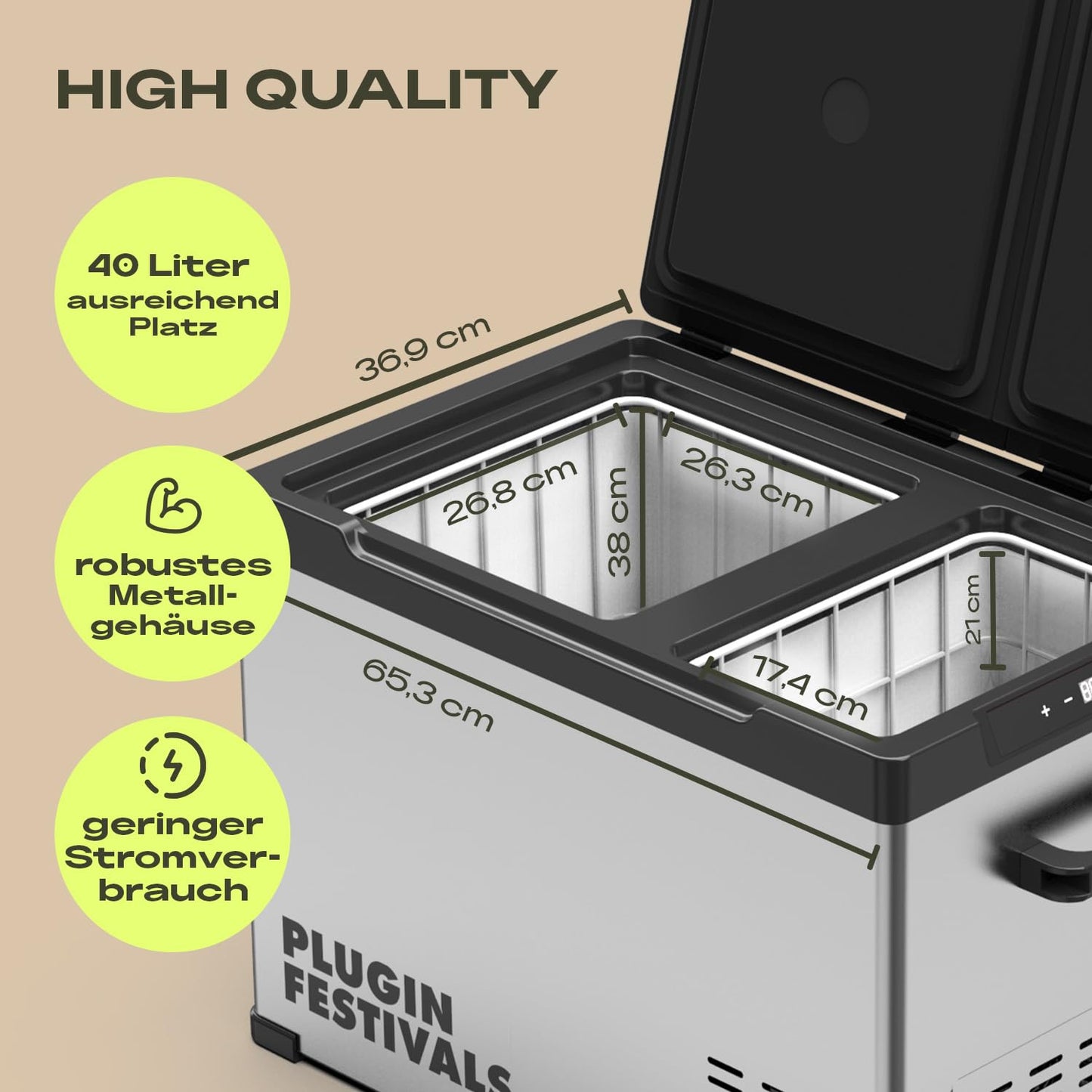 PLUG IN FESTIVALS electric cool box - 2 compartments compressor cool box 12v 230v - up to -20 degrees & app control - freezer box for car & camping - DUAL Ice Cube electric (38 liters)