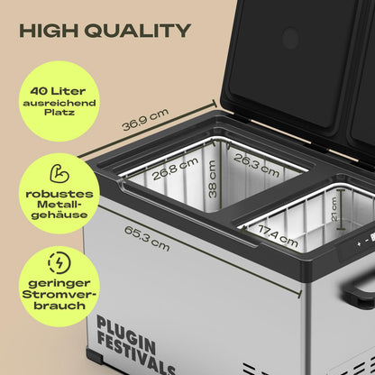 PLUG IN FESTIVALS electric cool box - 2 compartments compressor cool box 12v 230v - up to -20 degrees & app control - freezer box for car & camping - DUAL Ice Cube electric (38 liters)