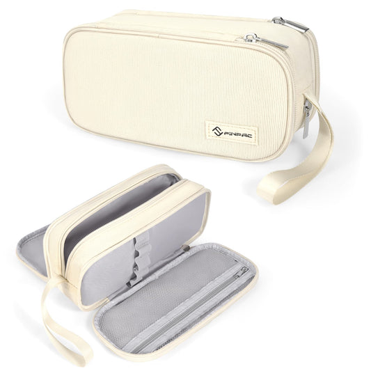 FINPAC Pencil Case - Large capacity pencil pouch with 3 compartments, perfect for school & office use. (Beige)
