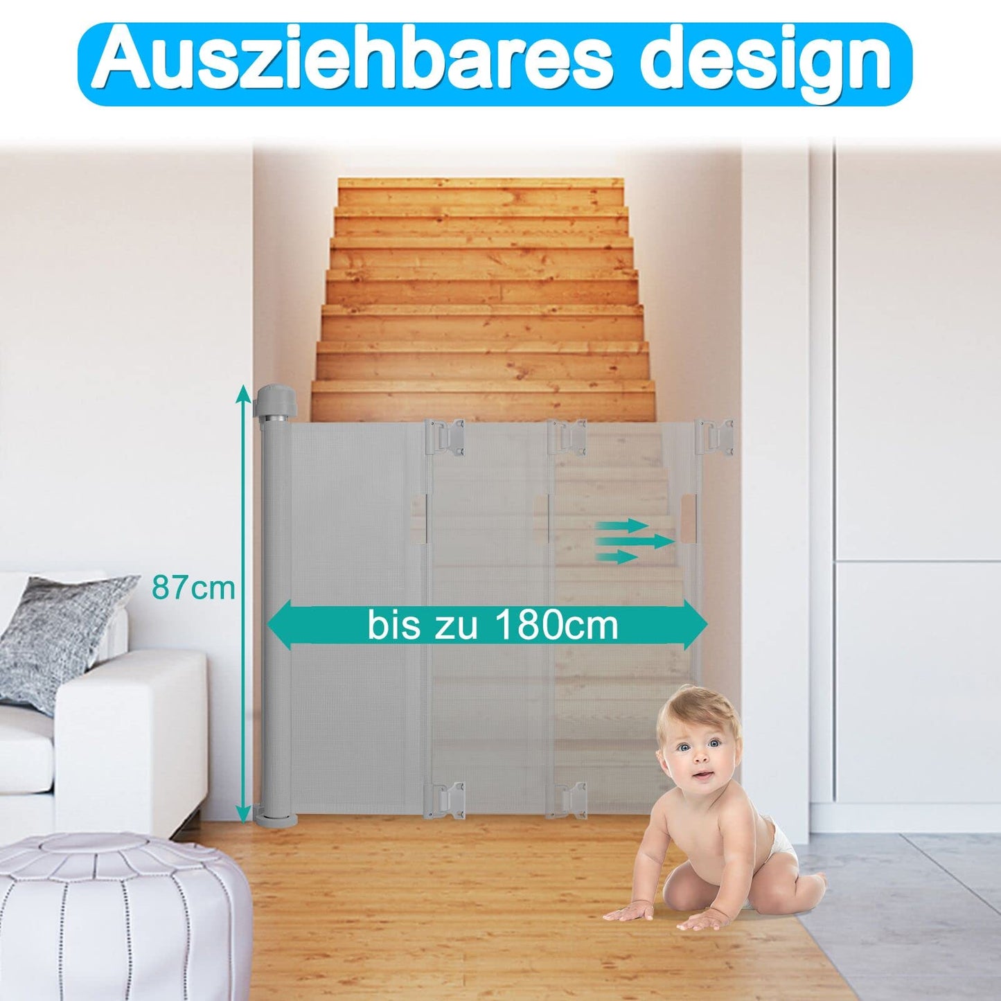 NAIZY door safety gate roller 0-180cm stair gate roller dog door gate and baby stair gate retractable door expandable dog barriers for indoor and outdoor use - Gray