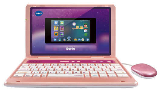Vtech Genio Learning Laptop in pink - a learning computer with internet access, text program, and educational content on letters, words, math, logic, and more - for children aged 5-12 years.