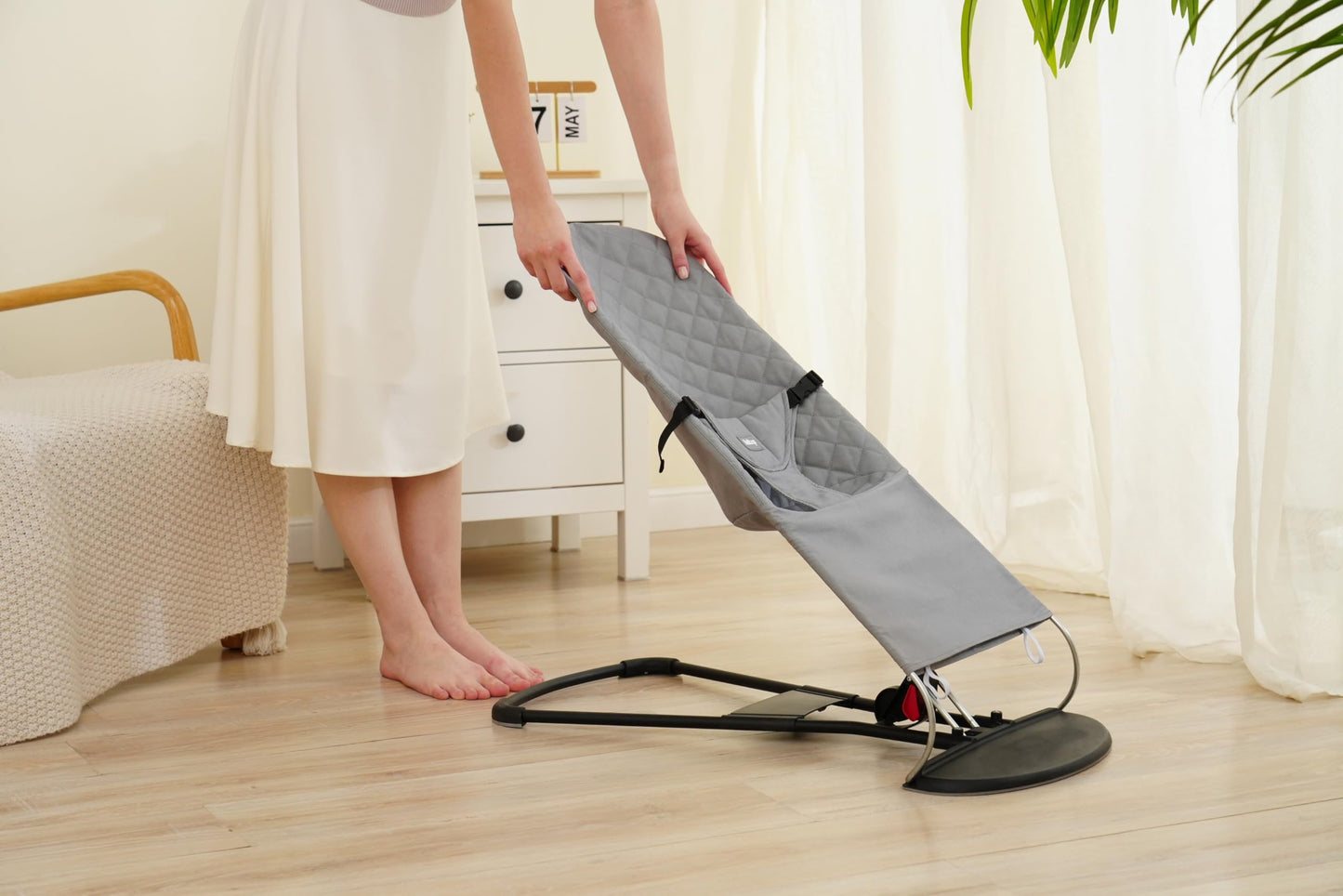 Reference to baby bouncer. Reference to Belltop compatible with BabyBjörn bouncer: Balance, Soft, and Bliss. Seat for baby bouncer. Hypoallergenic cotton padding. Ergonomic fit. (Gray)