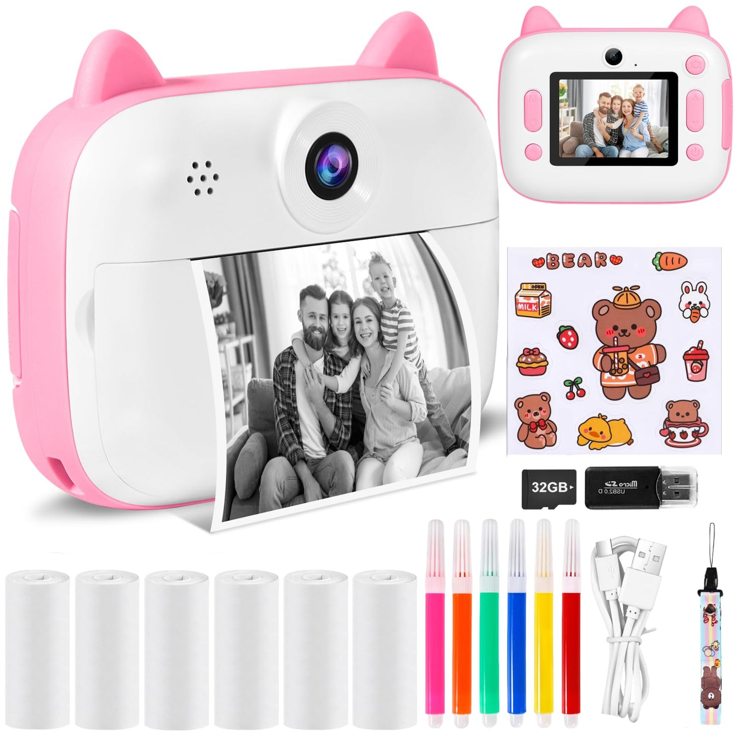 Instant Camera for Kids, 12MP 2.4-inch Screen Kids Camera with 32G Card, Printing Paper & Colored Pens, 1080P Kids Instant Print Camera, Gift for Children 3-12 Years Old.