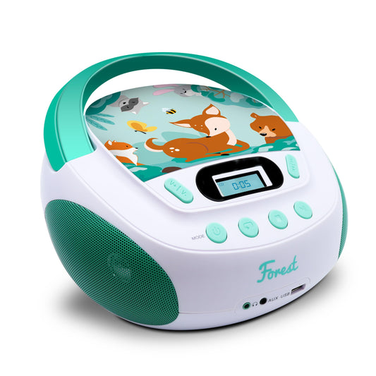 mooov 477147 CD player for kids with speakers, USB, headphone jack, AUX-IN port - Boombox CD player portable - AC or battery powered - Forest model - Green/White