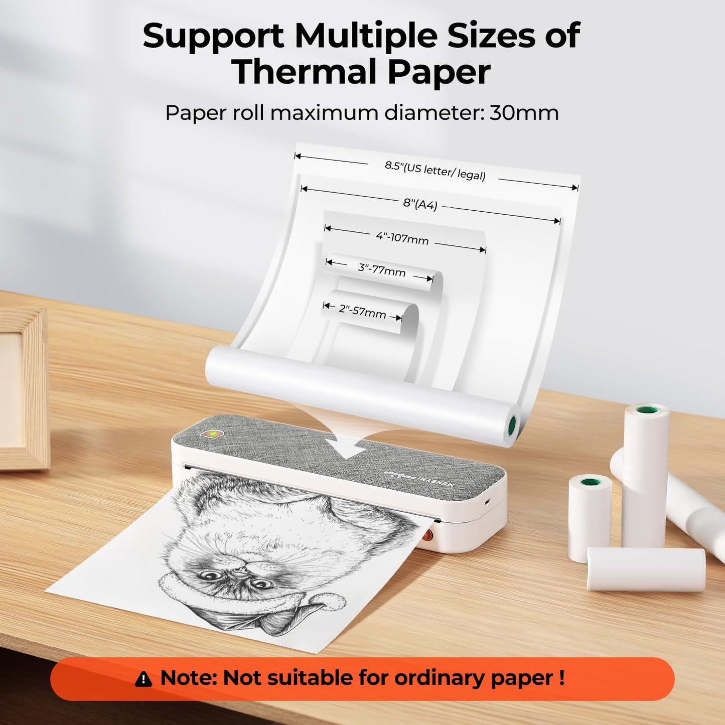 MUNBYN Mobile Printer Mini Printer A4 2600 mAh Portable Smart Photo Printer Mini Print Mobile Thermal Printer Bluetooth Printer for On-the-Go Home Supports 210x297mm A4 Thermal Paper iOS Android