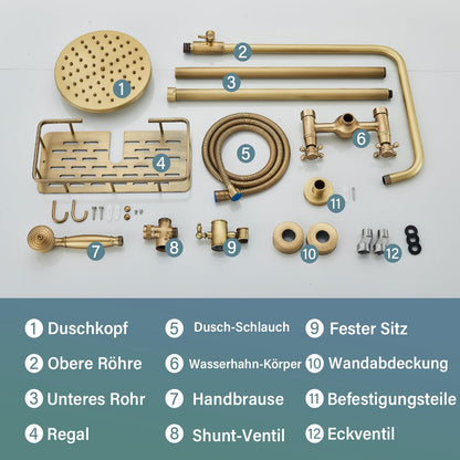 Rozin Brass Antique Shower Faucet with Hand Shower Faucet 8 Inch Shower Head Rain Shower Head Rain Shower with Storage Shelf
