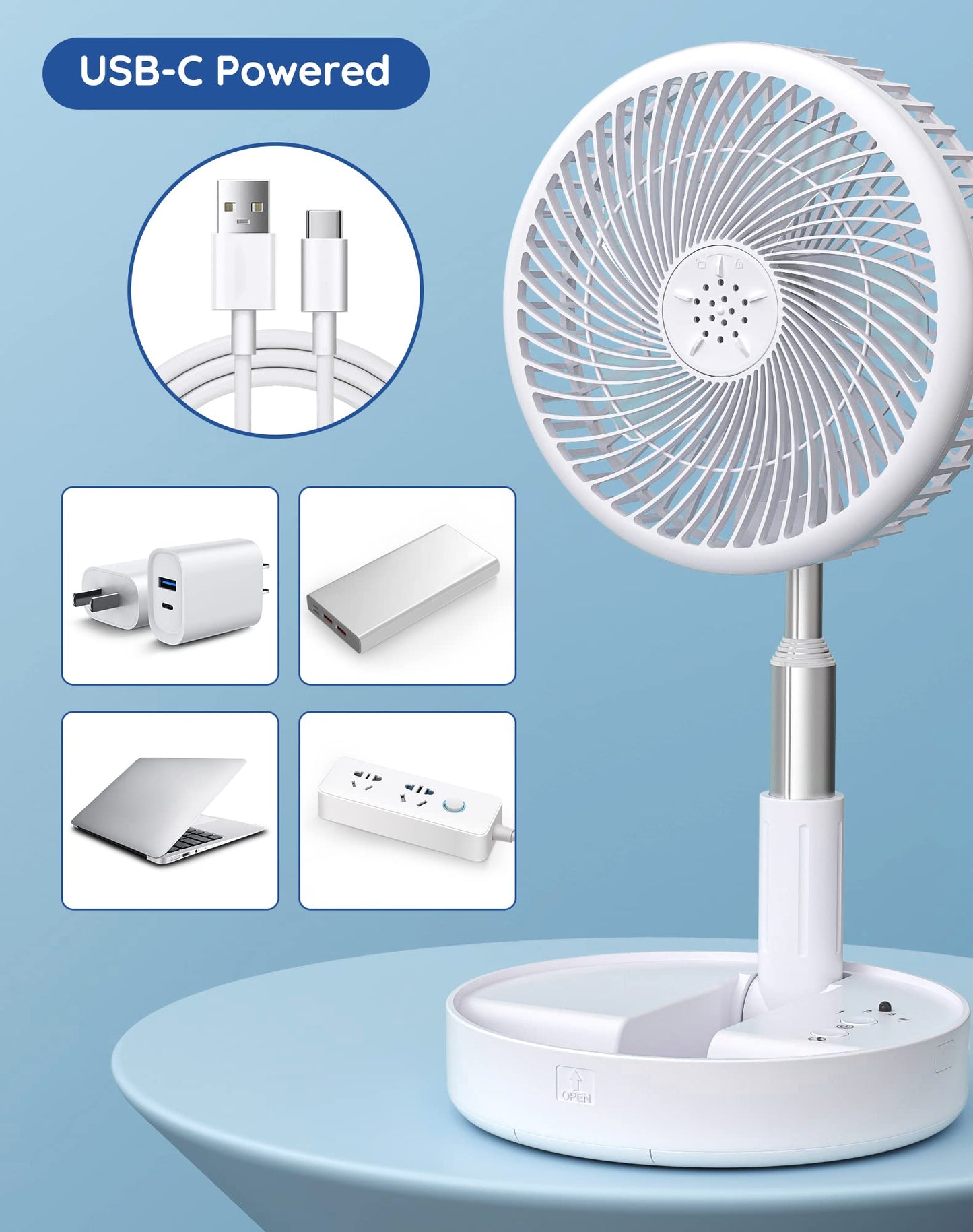 Primevolve Fan with Remote Control, 7200mAh Battery USB Stand Fan Foldable Portable for Outdoor Travel Camping, Quiet Desk Fan for Bedroom Office- White-7.7"