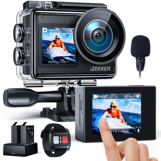 iZEEKER Action Cam 4K 24MP, Waterproof Underwater Camera 40M with EIS, Dual-Screen Camera, Touchscreen, Vlog Camera, Helmet Camera, WiFi, Remote Control, External Microphone, 2X1350mAh Batteries, Accessory Kit.