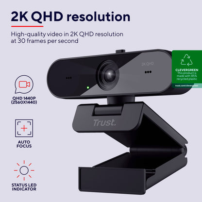 Trust Taxon 2K QHD Webcam made of 85% recycled plastic, 2560x1440p USB camera for PC with cover, autofocus, wide angle, 2 microphones, video camera for conferences, video calls, Skype, Teams, Zoom