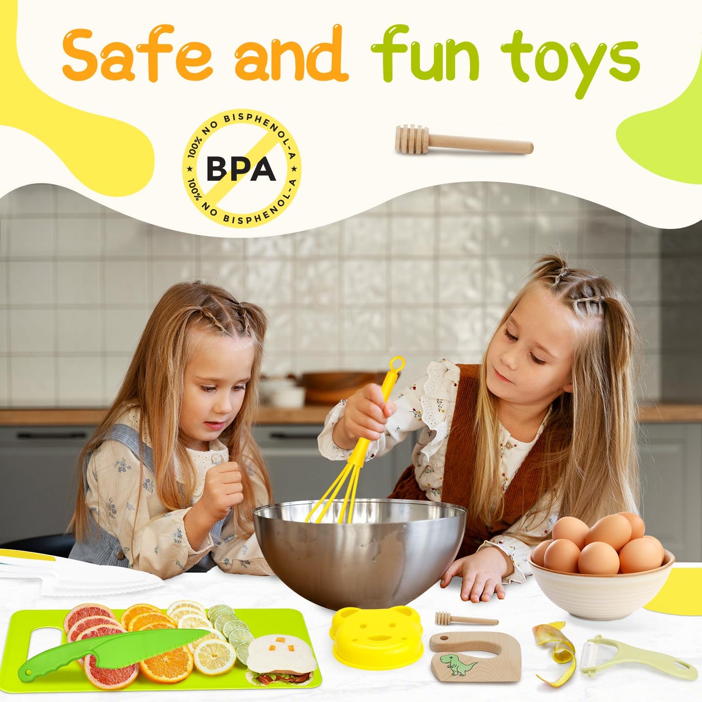 Children's knife 20-piece children's safety cooking knife kitchen knife set with vegetable cutters, wooden knife, cutting board etc. Montessori toy as a birthday gift for children from 2 years old.