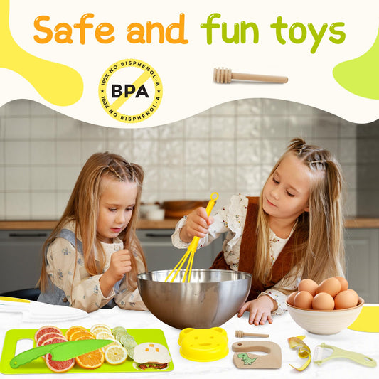 Children's knife 20-piece children's safety cooking knife kitchen knife set with vegetable cutters, wooden knife, cutting board etc. Montessori toy as a birthday gift for children from 2 years old.