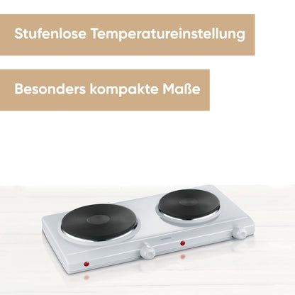 SEVERIN Double Hot Plate for kitchen, office, or camping, small stove with stepless temperature control, camping stove for two pots, white, 2,500W, DK 1042