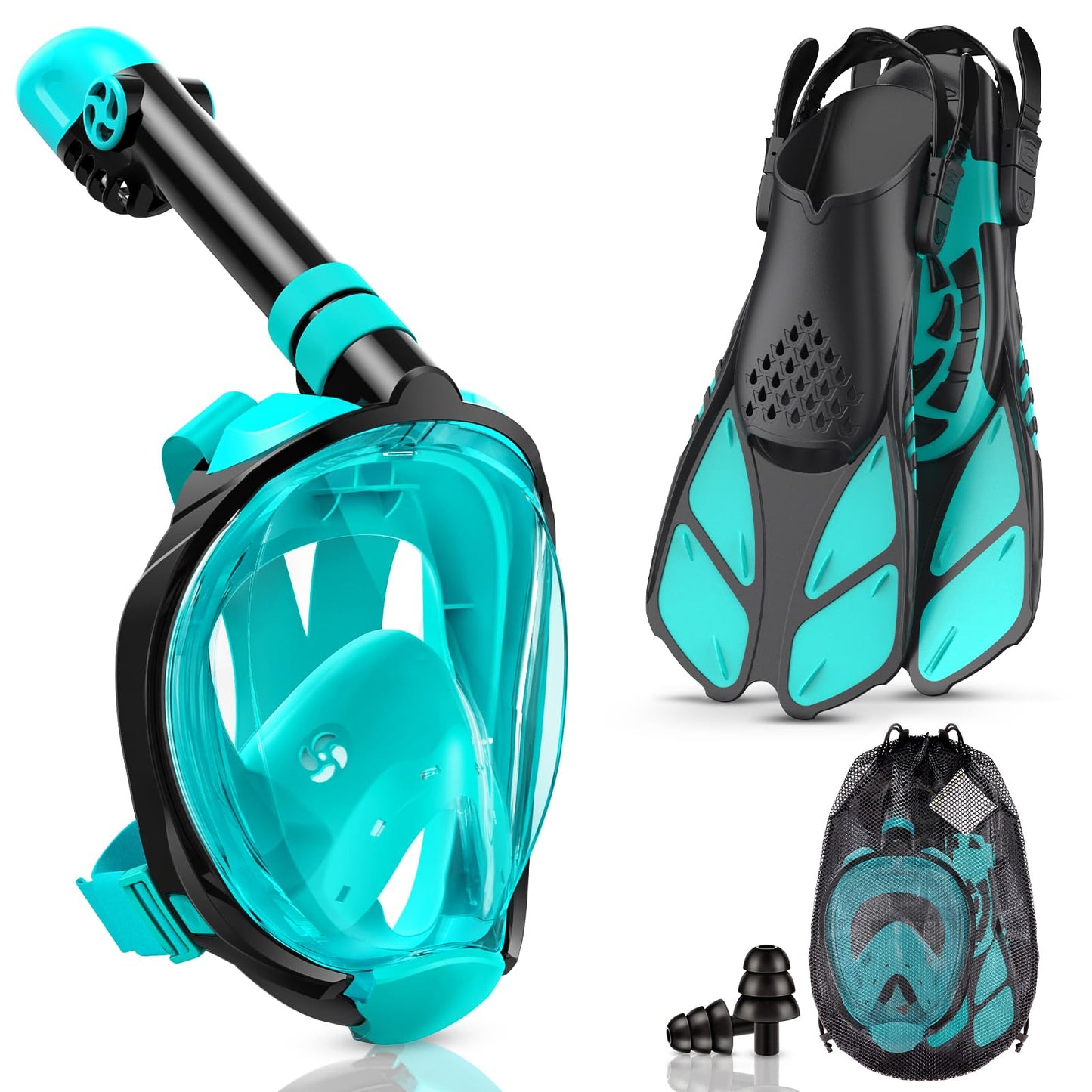 Lealinga Full Face snorkel mask with fins, Adult Snorkel Mask, Effortless Breathing, No Fogging, No Water Entry, 180° Vision and Camera Mount