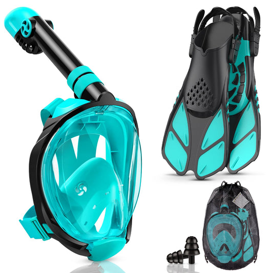 Lealinga Full Face snorkel mask with fins, Adult Snorkel Mask, Effortless Breathing, No Fogging, No Water Entry, 180° Vision and Camera Mount