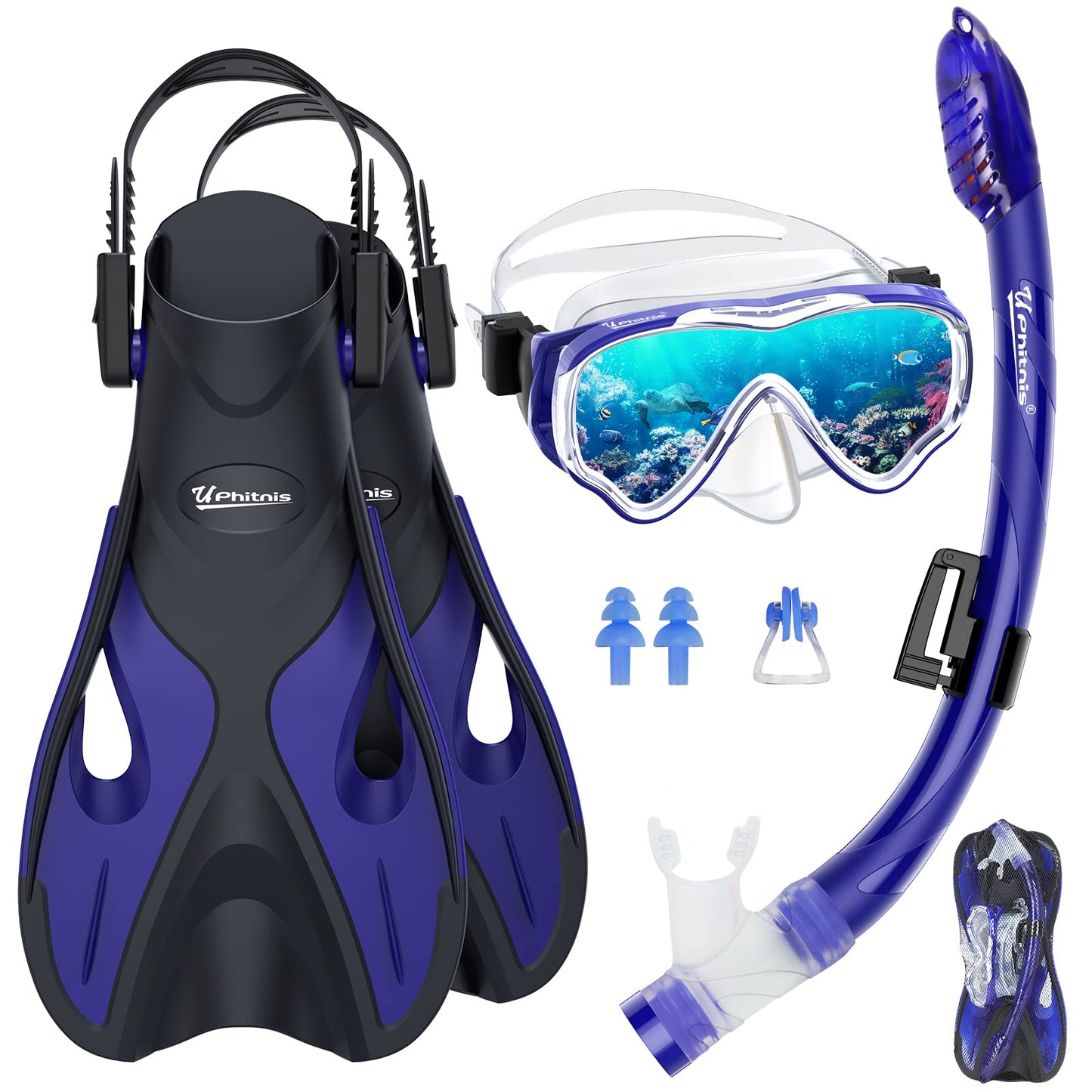 UPhitnis snorkel set for kids with fins, anti-fog 180° panoramic dive mask, adjustable flippers, and premium dry snorkel - 3 in 1 set with carrying bag