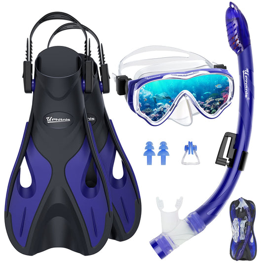 UPhitnis snorkel set for kids with fins, anti-fog 180° panoramic dive mask, adjustable flippers, and premium dry snorkel - 3 in 1 set with carrying bag