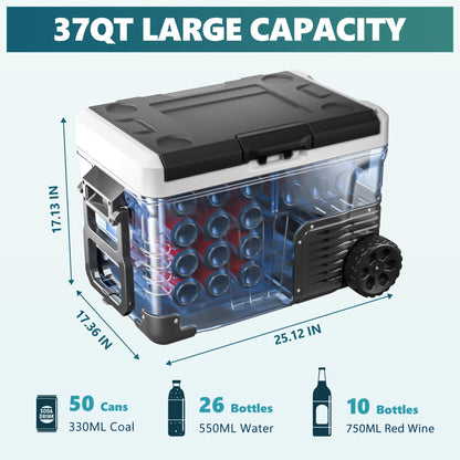EUHOMY 12 Volt Refrigerator, 37 Quart (35L) Car Fridge Freezer. Can be powered by 12V/24V DC or 110-240V AC. Dual Zone Electric Cooler with -4℉~68℉ temperature range. Portable with wheels & 2 baskets for RV, Camping, Travel, Truck, Boat.