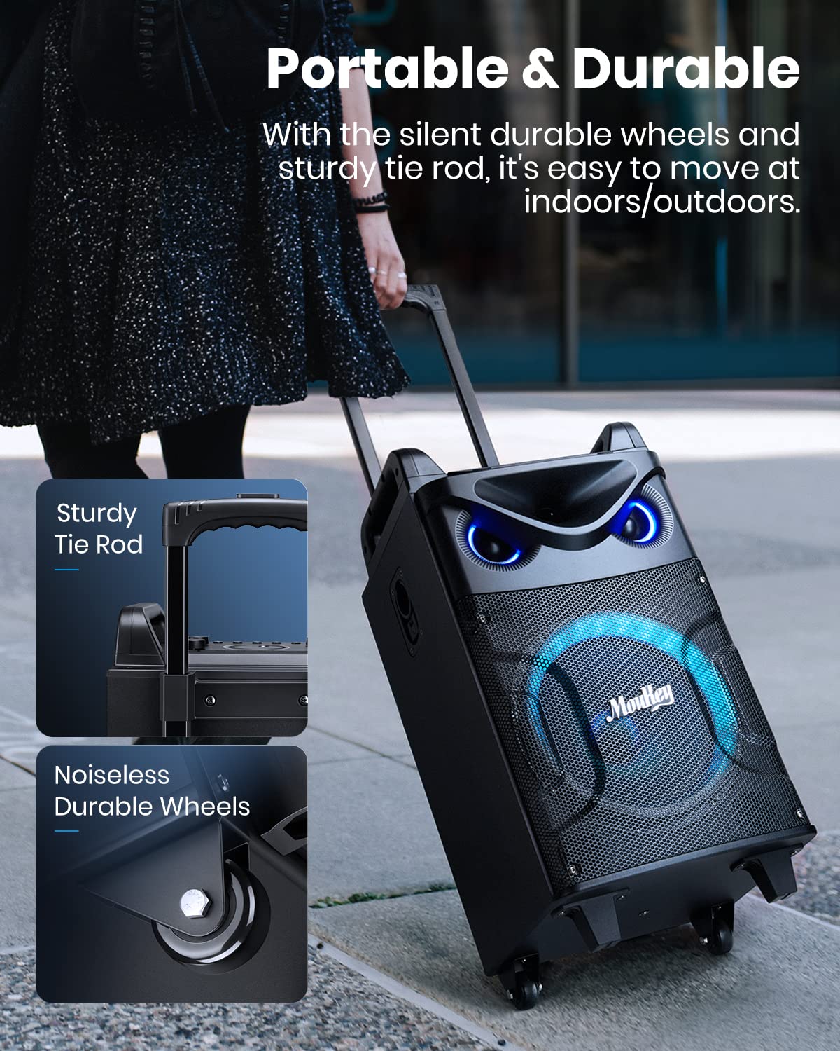 Moukey Karaoke Machine, Large karaoke system with 26cm woofer & 8cm tweeter & 2 microphones, Rechargeable Bluetooth speaker with light effect tablet holder TWS/Rec/AUX/USB/TF/FM for party.