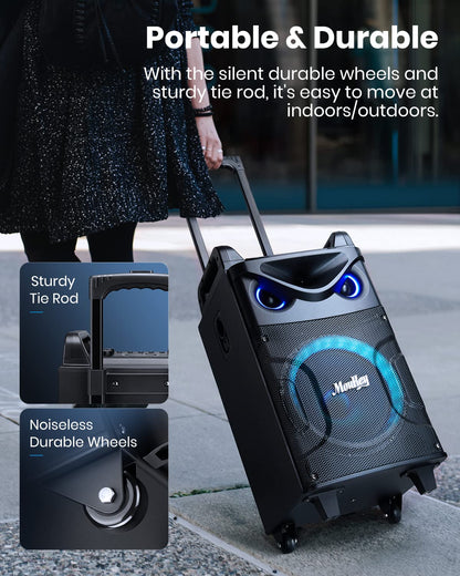 Moukey Karaoke Machine, Large karaoke system with 26cm woofer & 8cm tweeter & 2 microphones, Rechargeable Bluetooth speaker with light effect tablet holder TWS/Rec/AUX/USB/TF/FM for party.