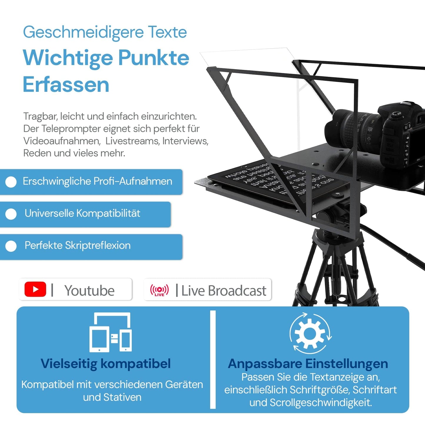 Leeventi Teleprompter compatible with iPad, tablet, smartphone, and DSLR camera. Control via remote or app. Compatible with Android and iOS. Great for video recordings (Version 4.0).