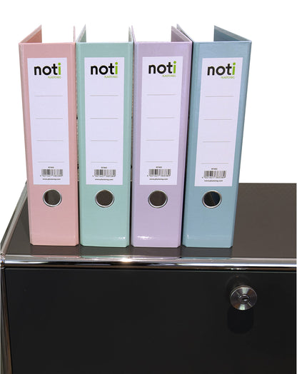 4-pack premium color folders in pastel colors - high gloss laminated in green, blue, purple, pink - 80mm wide for A4 with patented extra strong 85mm mechanism