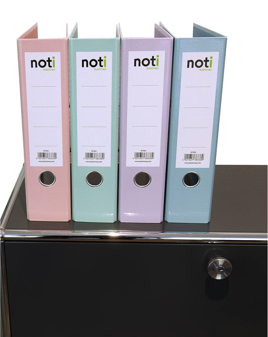 4-pack premium color folders in pastel colors - high gloss laminated in green, blue, purple, pink - 80mm wide for A4 with patented extra strong 85mm mechanism